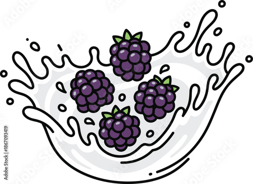 Four ripe blackberries falling into a refreshing white liquid creating a delightful splash