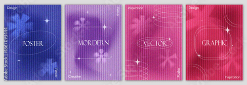 Y2K Creative Stipple Noise Poster with Abstract Minimalist Line Art, Blurred Elements, Sparkling Stars, and a Layered Glass Fractal Gradient Background