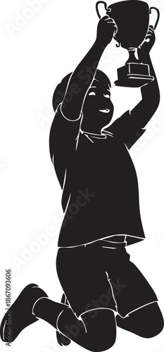 Silhouette of a triumphant child or young person kneeling and raising a trophy in celebration of victory or achievement.