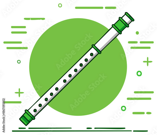 Digital illustration of a recorder musical instrument with green accents on a white background.
