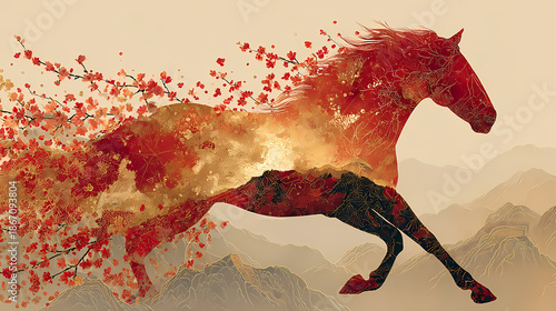 Majestic Golden Horse Running Illustration for 2026 Chinese New Year Zodiac Art