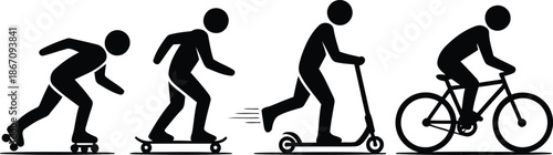 Four black silhouettes showing different personal transportation methods from rollerblading to bicycling