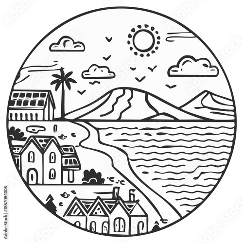 Simple black and white line drawing of beachside community with palm trees mountains water
