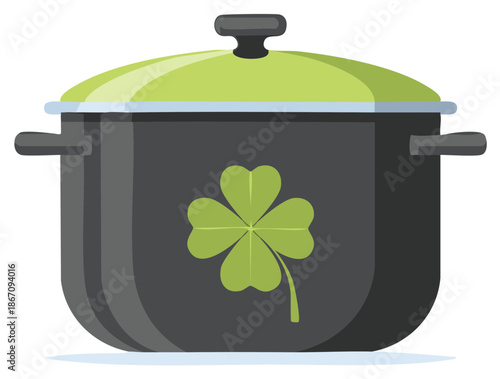 Illustrated cooking pot with green lid and shamrock symbol