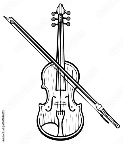 Illustration of a violin and bow with artistic wood grain detailing