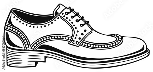 Classic Wingtip Brogue Shoe Illustration in Black and White