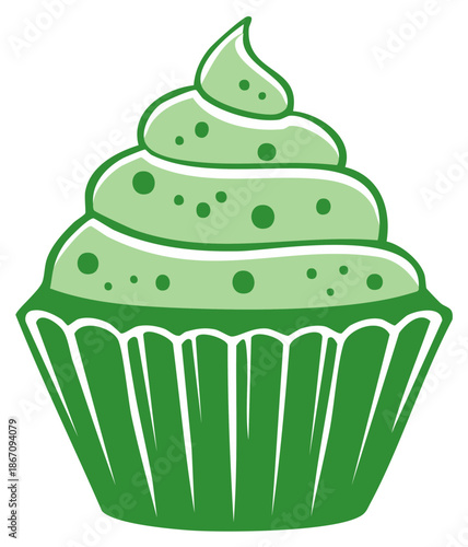 Green frosted cupcake vector image featuring creamy frosting in a patterned wrapper