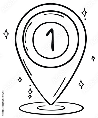 Hand drawn map pin with number one symbol for first place or top destination