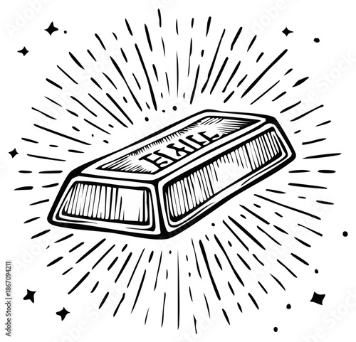 Black and white illustration of a shiny gold bar with radiating lines and stars