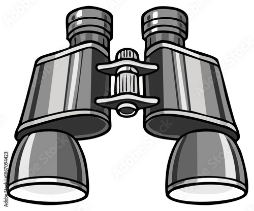 Grayscale illustration of classic binoculars for exploration and observation