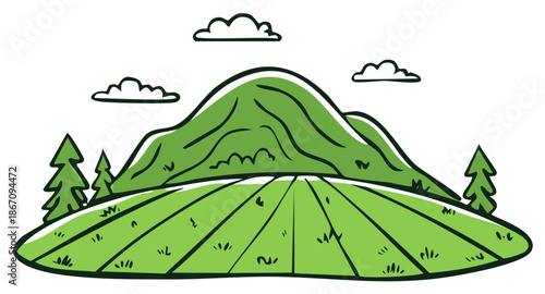 Simple cartoon drawing of a rural landscape with a green mountain and farm fields