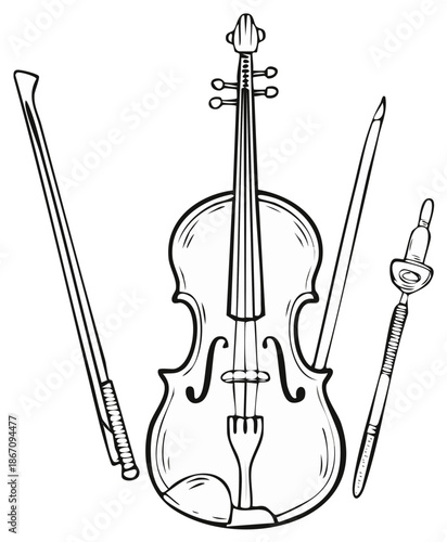 Line drawing of a violin with two bows and chinrest