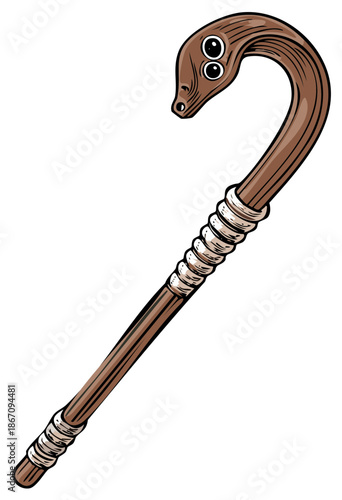 Wooden Snake Head Walking Cane, Carved Animal Figure walking stick illustration