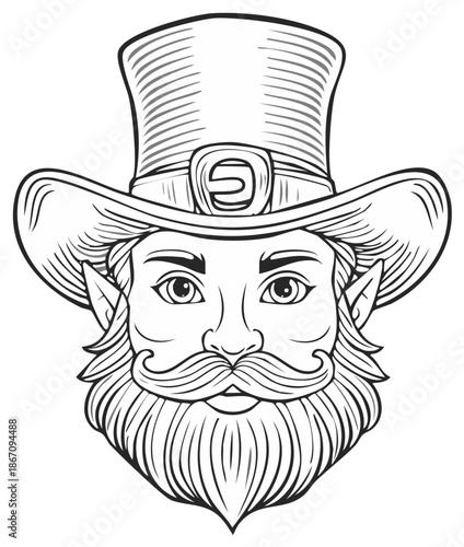Irish folklore leprechaun character with full beard mustache and top hat outline art