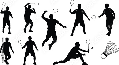 Black badminton player silhouette vector set, male athletes jumping and hitting shuttlecock, sports competition icons, active fitness people isolated on white background