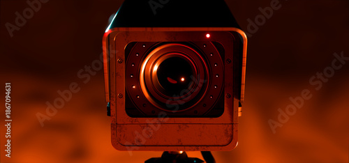 Cinematic Surveillance Camera in Street Light Glow Symbolizing Total Control