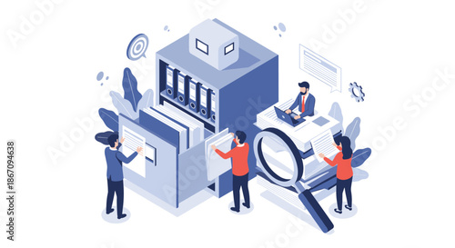 Office workers organizing documents in a large filing cabinet and conducting research with a magnifying glass for data management.