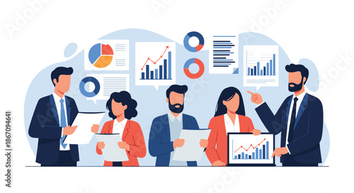 Group of professional business people analyzing and presenting diverse data charts, graphs, and financial reports during a meeting.