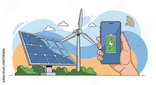 Person holding a smartphone with a full battery icon in front of solar panels and a wind turbine symbolizing clean renewable energy.