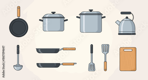 Diverse set of modern kitchenware and cooking utensils including pots, pans, a kettle, and a wooden cutting board for meal preparation.