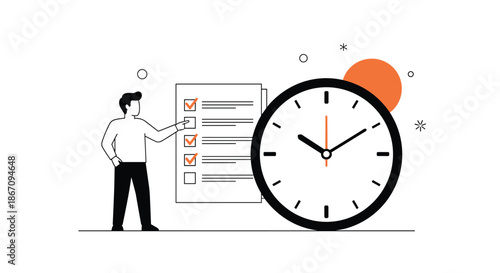 Businessman marking completed tasks on a giant checklist next to a large clock to represent effective time management and productivity.