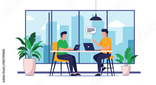 Colleagues sitting at a desk in a modern office with laptops discussing a business project against a stylized city skyline silhouette.