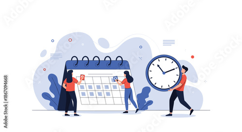 Planning team members managing their schedule by marking a large calendar while a colleague carries a giant clock for synchronization.