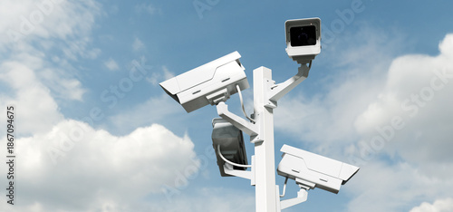 Street surveillance, security cameras on pole, total control concept background