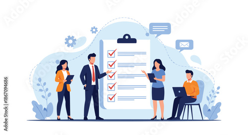 Professional team collaborating around a giant clipboard with a checklist to manage project tasks and ensure corporate compliance.