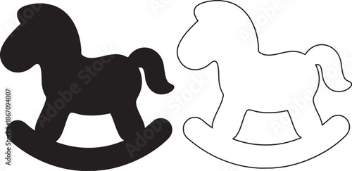 Black silhouette and outline of a rocking horse toy on white background
