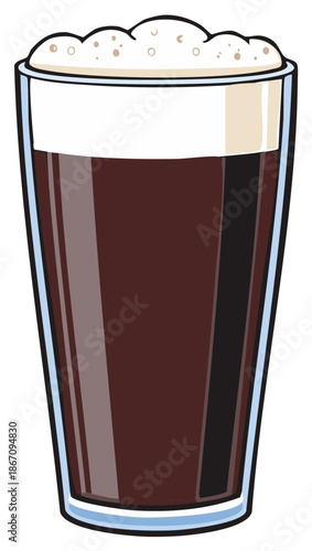 Refreshing dark beverage in a classic pint glass with creamy white foam graphic
