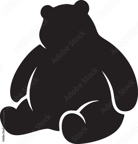 Black silhouette of a plump teddy bear sitting down on a white background