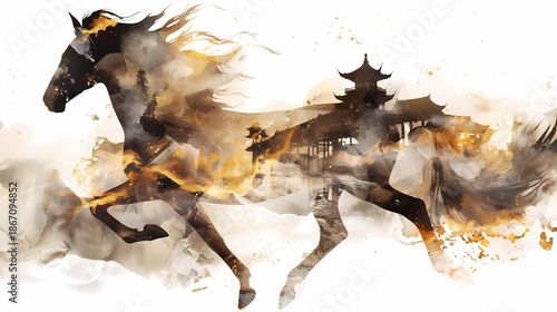Majestic Golden Horse Running Illustration for 2026 Chinese New Year Zodiac Art