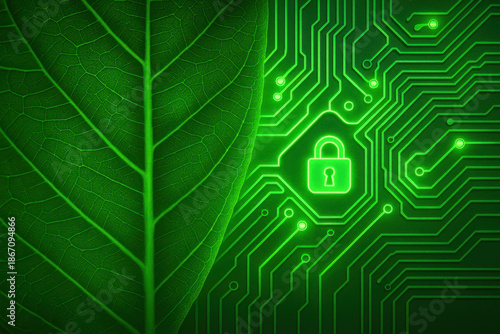 Green leaf technology innovation secure circuit, abstract eco background for digital environmental security concept joyfully merges nature and network for sustainable cyber future harmony