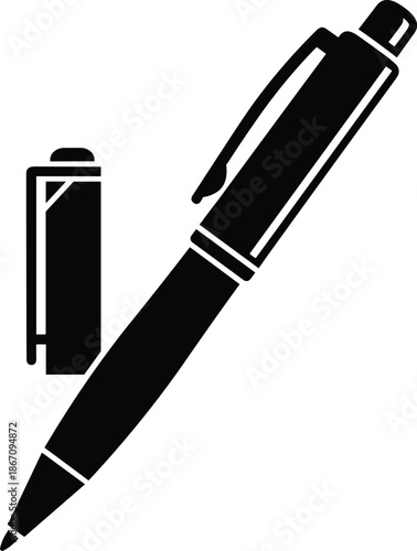Black ballpoint pen silhouette with cap, professional office stationery writing tool, ink pen vector illustration for business or education, isolated on white