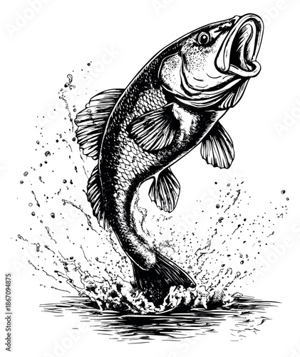 Hand drawn line art illustration of a largemouth bass depicting a dynamic jump from water for fishing and outdoor recreation