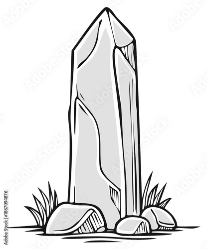 Stylized illustration of a tall stone obelisk monument with surrounding rocks and grass at its base