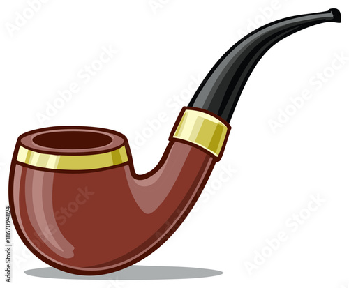 Classic brown tobacco pipe with gold band and black stem isolated on white