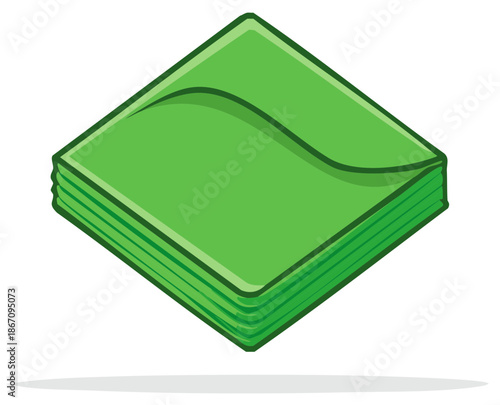Pile of green paper napkins in stack with shadow and stylized design