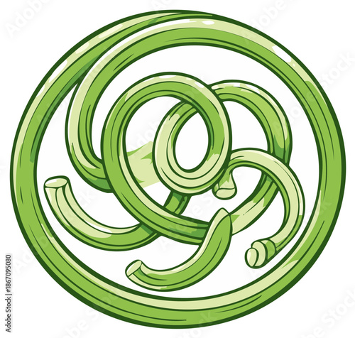Intricate green spiral design with whimsical curves in a circular frame