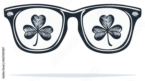 Stylized eyeglasses with Shamrock reflected in lenses - Saint Patrick's day design