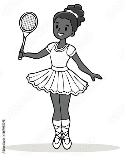 Cartoon illustration of a young girl in a ballet tutu holding a tennis racket