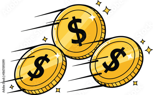 Shiny gold dollar coins soaring through the air depicting rapid financial growth and quick earnings