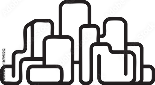 Abstract black and white interconnected rounded shapes forming a stylized cityscape