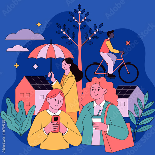 Vibrant Illustration of Sustainable Urban Living, Depicting an Eco-Friendly Community Embracing Green Habits, Renewable Energy, and a Healthy Modern Lifestyle