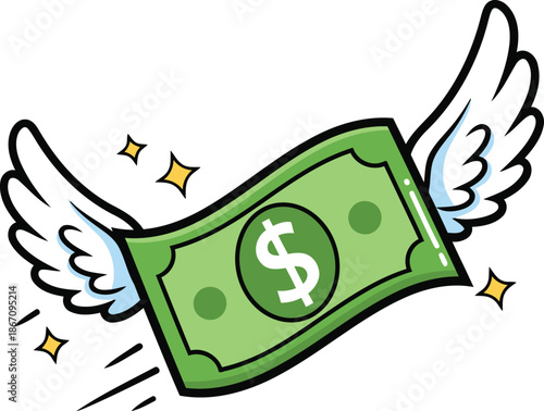 A cartoon green dollar bill with wings quickly flying away symbolizing financial loss or rapid expenditure
