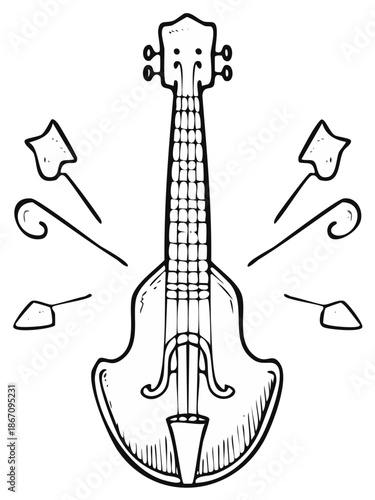 Hand-drawn folk string instrument with sound waves. Black and white line art of a stylized violin or ukulele.
