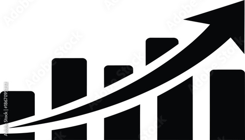 A black and white graph with an upward trend arrow showing growth and progress in business or finance with increasing charts and stats