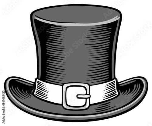 Classic black top hat with a white band and buckle illustration