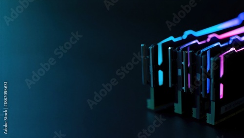 Close-up view of RAM memory modules featuring vibrant RGB lighting against a dark background. Technology and gaming concept.
